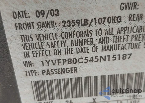 2004 Mazda Mazda6 I из США, поврежденный, VIN 1YVFP80C545N15187